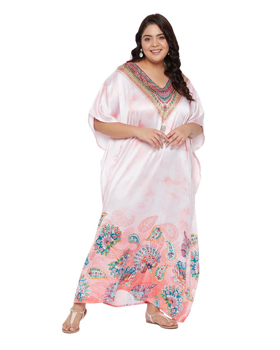 Floral Printed Peach Satin Kaftan Dress for Women