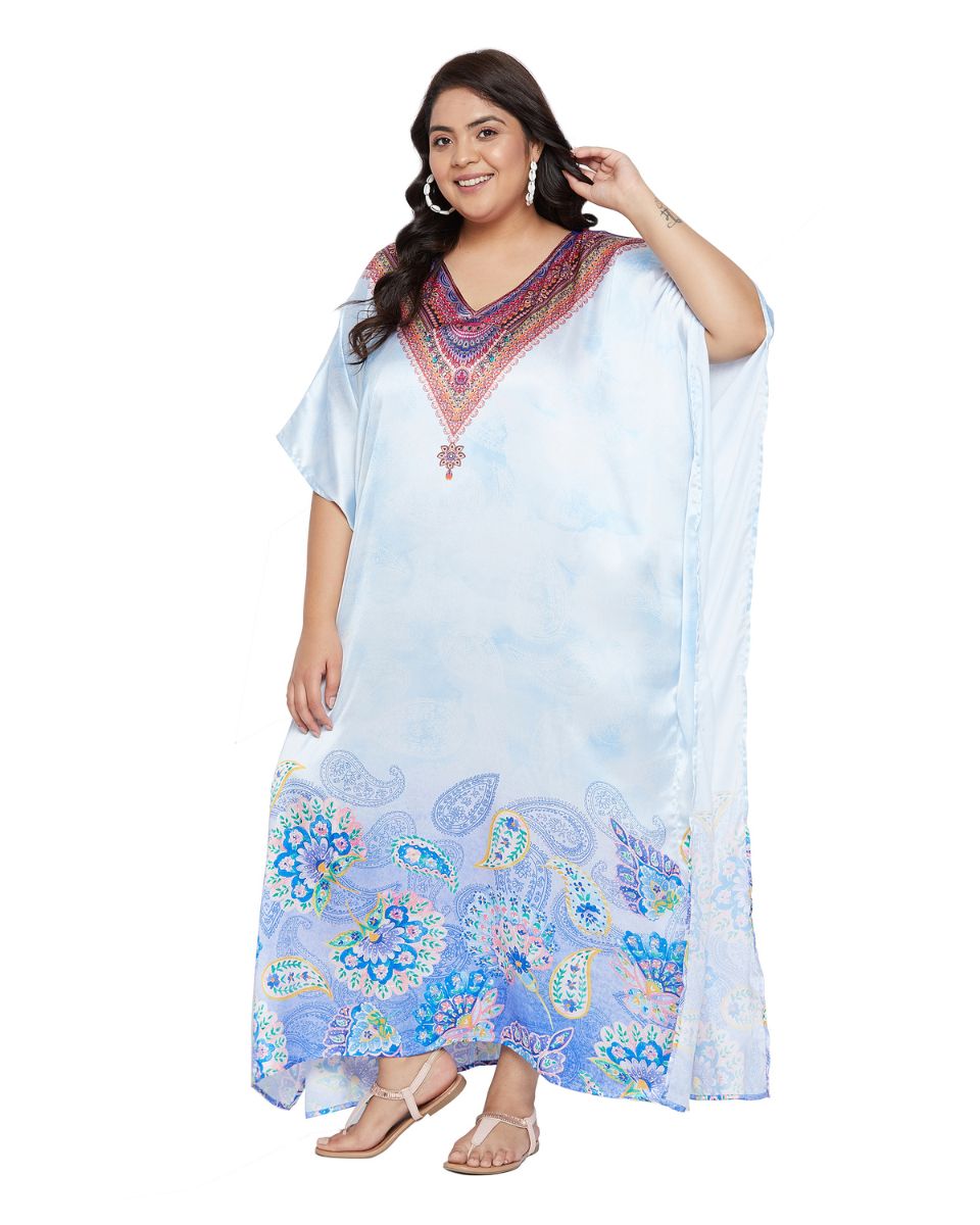 Floral Printed Sky Blue Satin Kaftan Dress for Women