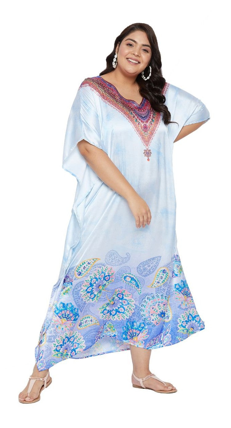 Sky blue satin plus size kaftan dress with embellished neckline and blue paisley border hem
