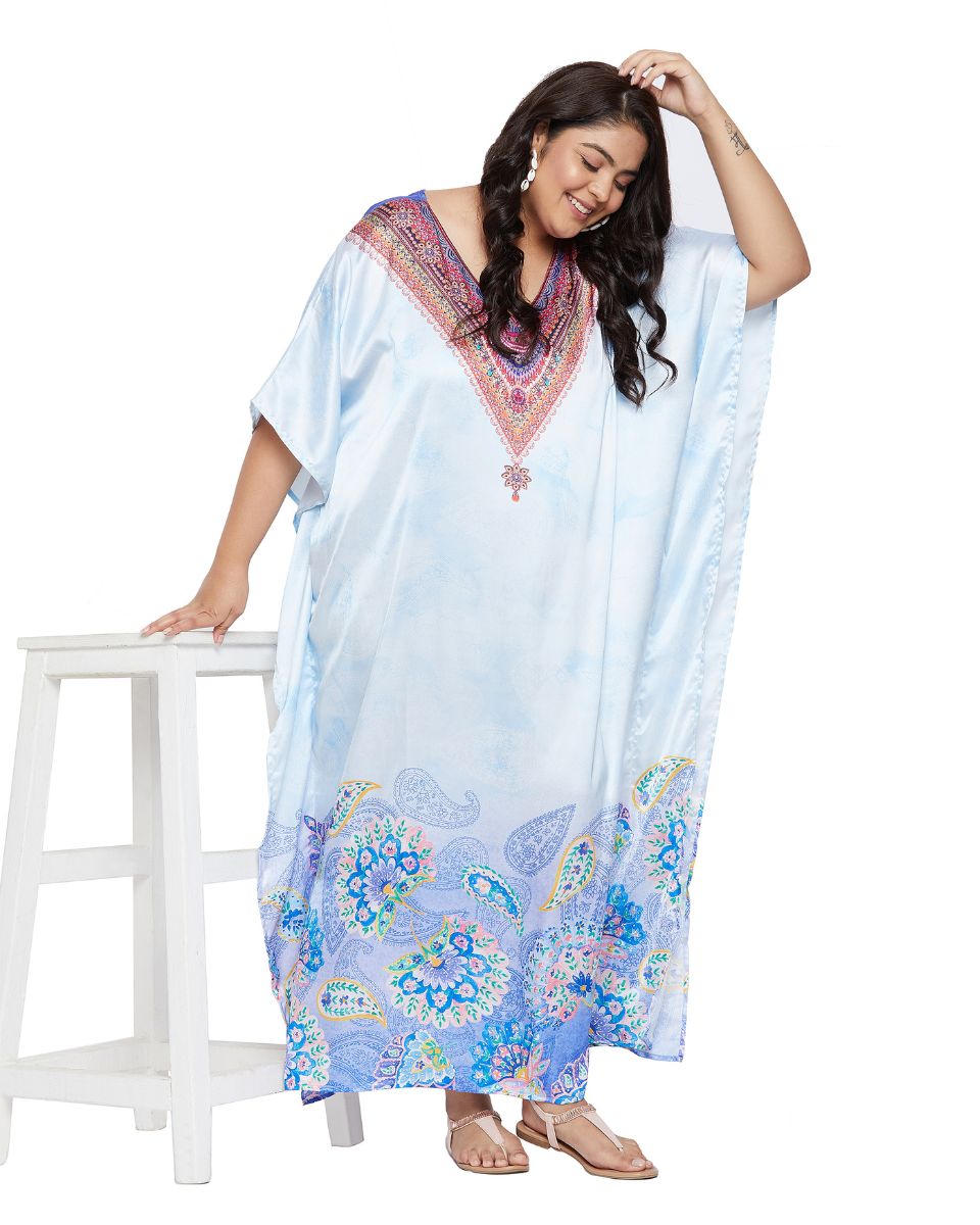 Floral Printed Sky Blue Satin Kaftan Dress for Women