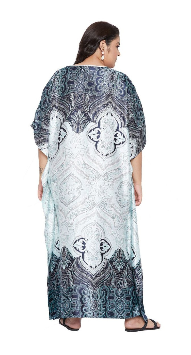 Light grey paisley medallion print satin plus size kaftan dress with kimono sleeves and pointed hem — alternate view