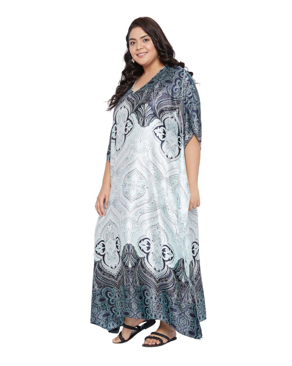 Floral Printed Mint Satin Kaftan Dress for Women