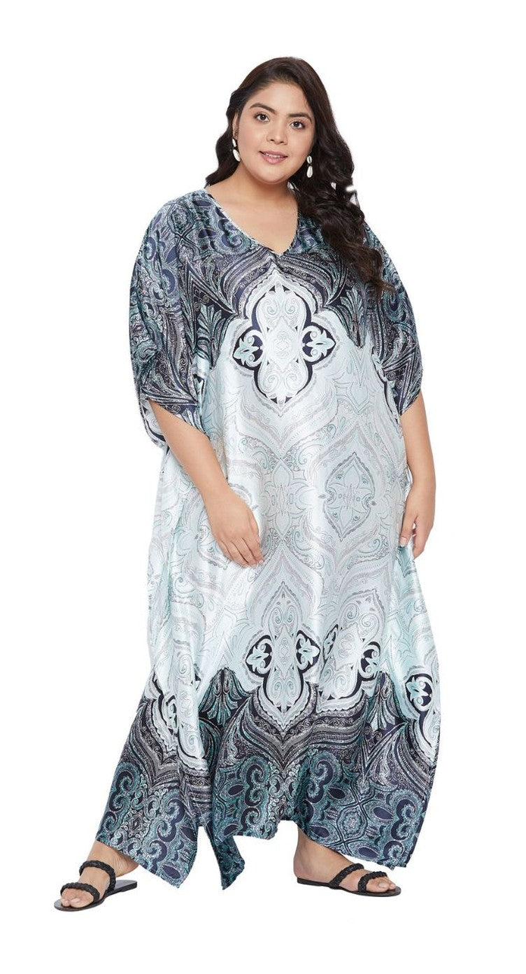 Light grey paisley medallion print satin plus size kaftan dress with kimono sleeves and pointed hem