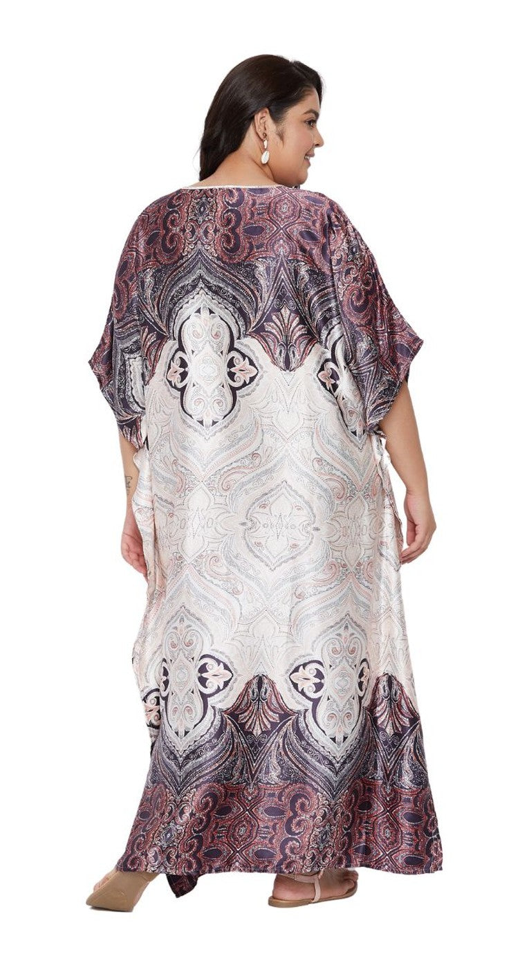 Silver and mauve medallion print satin plus size kaftan dress with V-neck — extra view