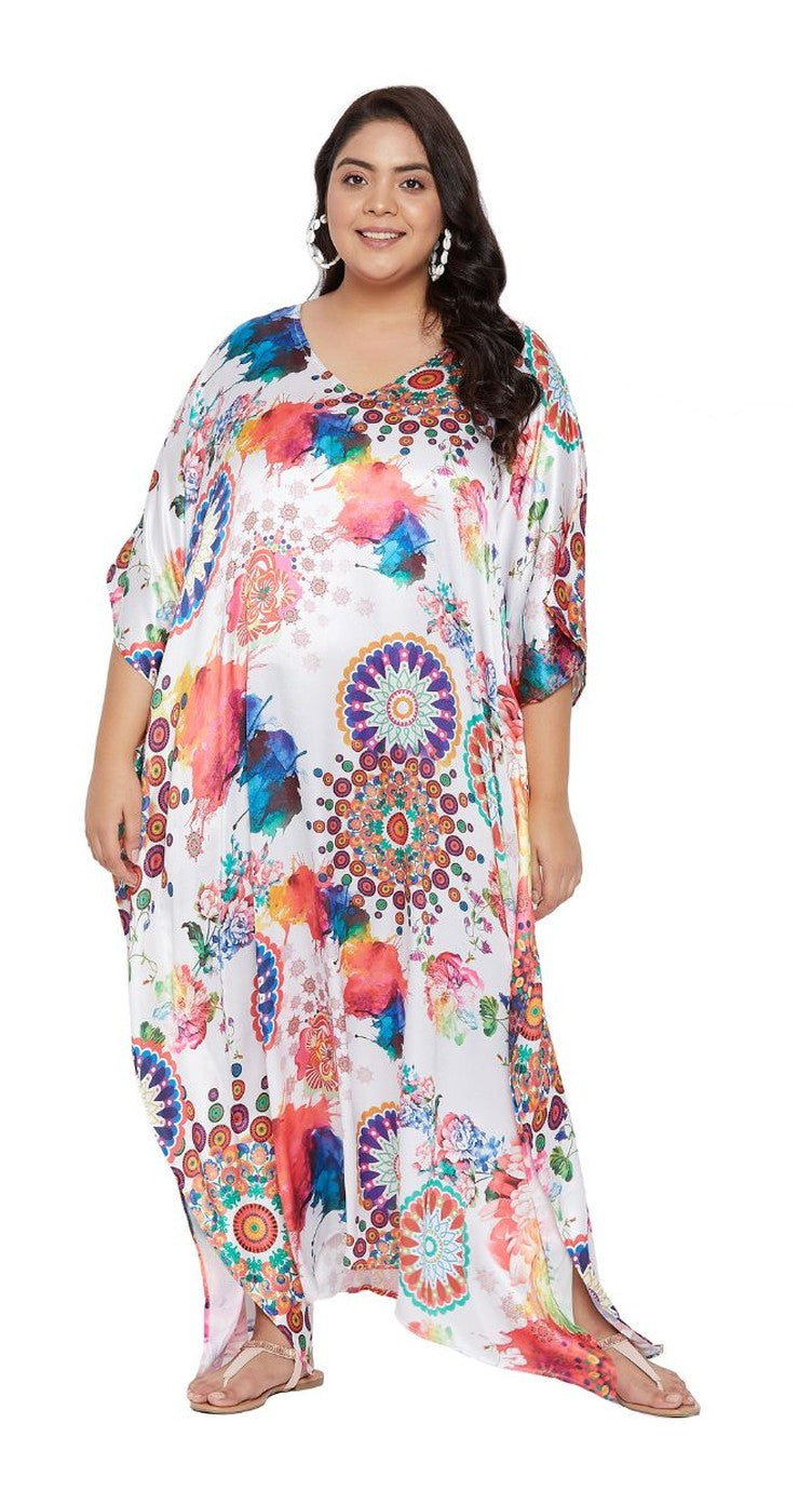 White satin plus size kaftan dress with multicolor mandala floral print and embellished neckline