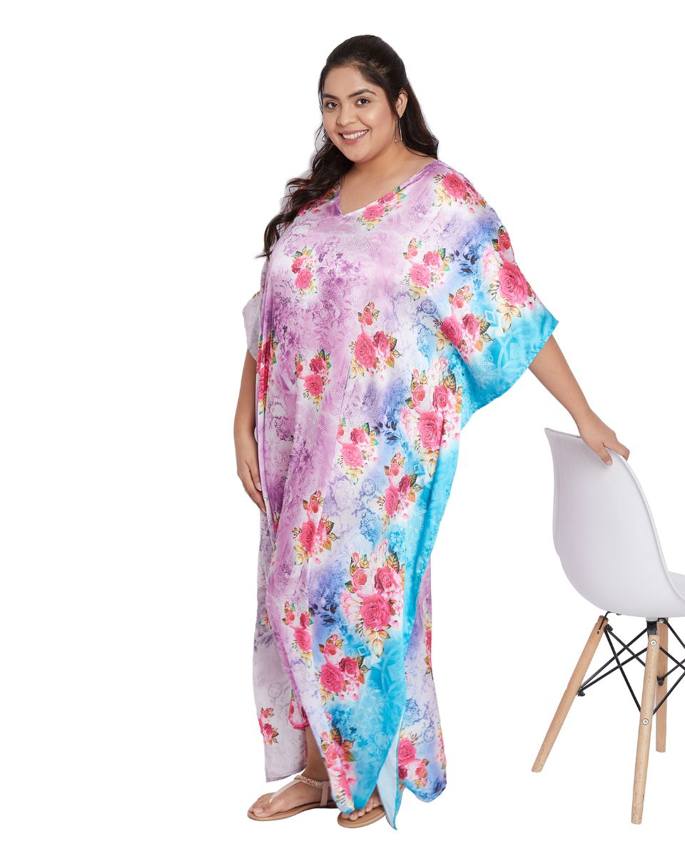 Floral Printed Pink Satin Kaftan Dress For Plus Size Women