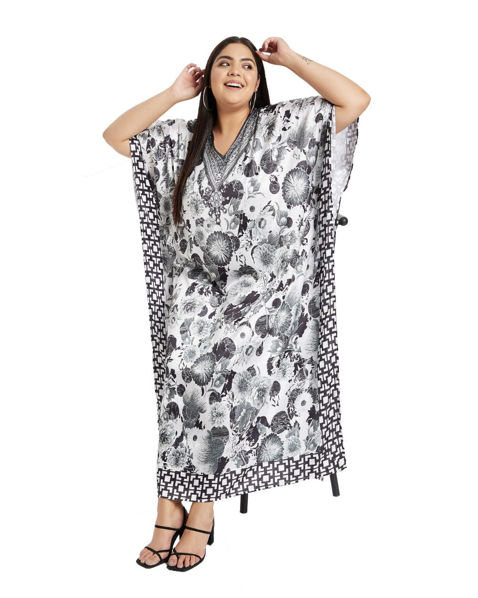 Floral Printed White Satin Kaftan Plus Size Dress For Women