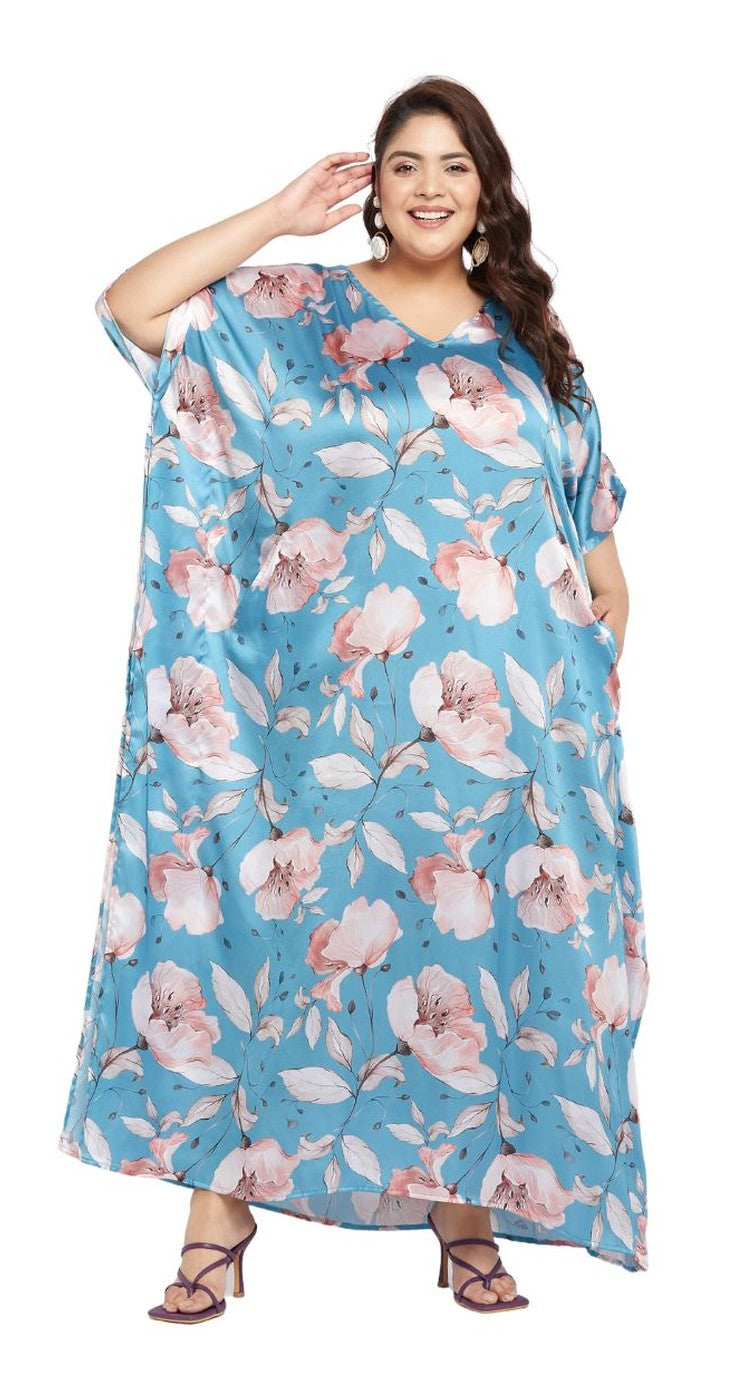 Floral Printed Pastel Blue Satin Plus Size Kaftan Dress For Women - SKU SG152-2025-AQSA - Gypsie Blu