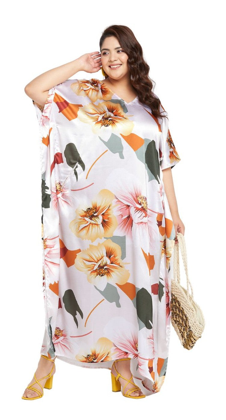 White satin plus size kaftan dress with orange and pink poppy floral print
