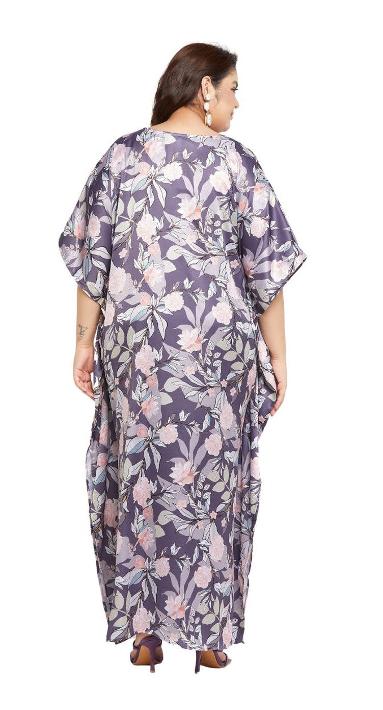 Light purple floral print satin plus size kaftan dress with V-neck and full-length hem — extra view