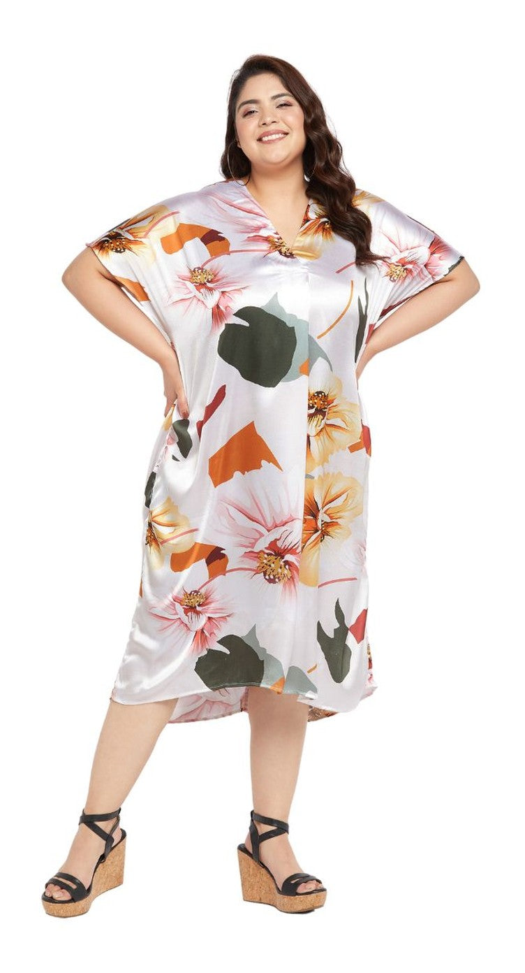 White satin plus size kaftan dress with abstract floral print, V-neck and mid-calf hem