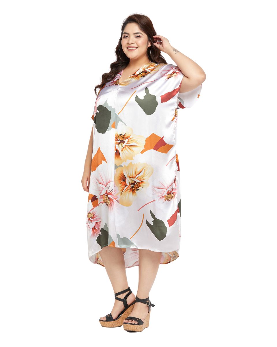 Satin Kaftan Dress with Floral Pattern