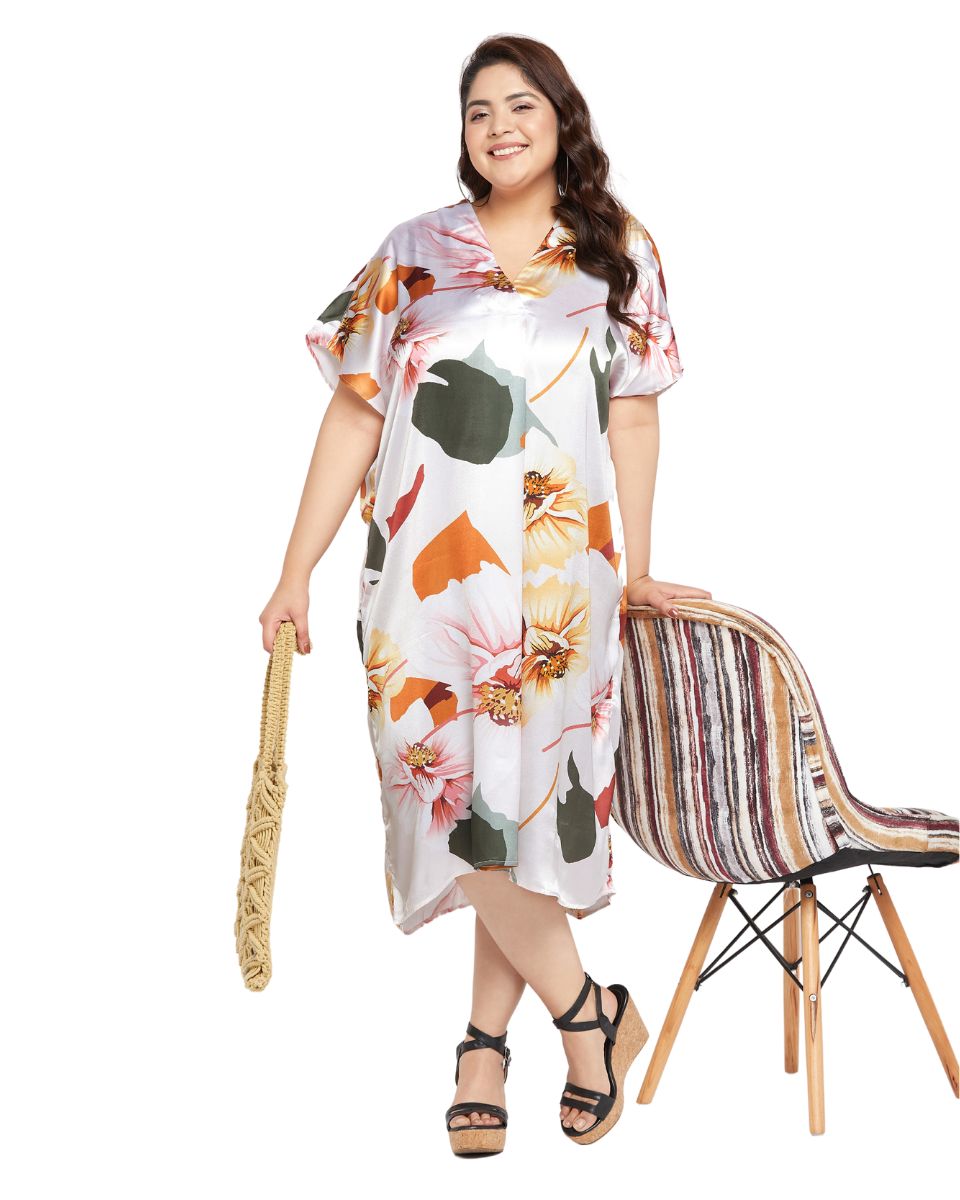 Floral Printed White Satin Kaftan Plus Size Dress For Women