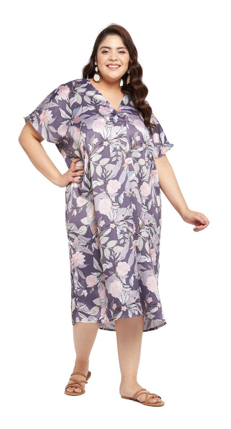 Light purple floral print satin plus size kaftan dress with collar and mid-calf hem