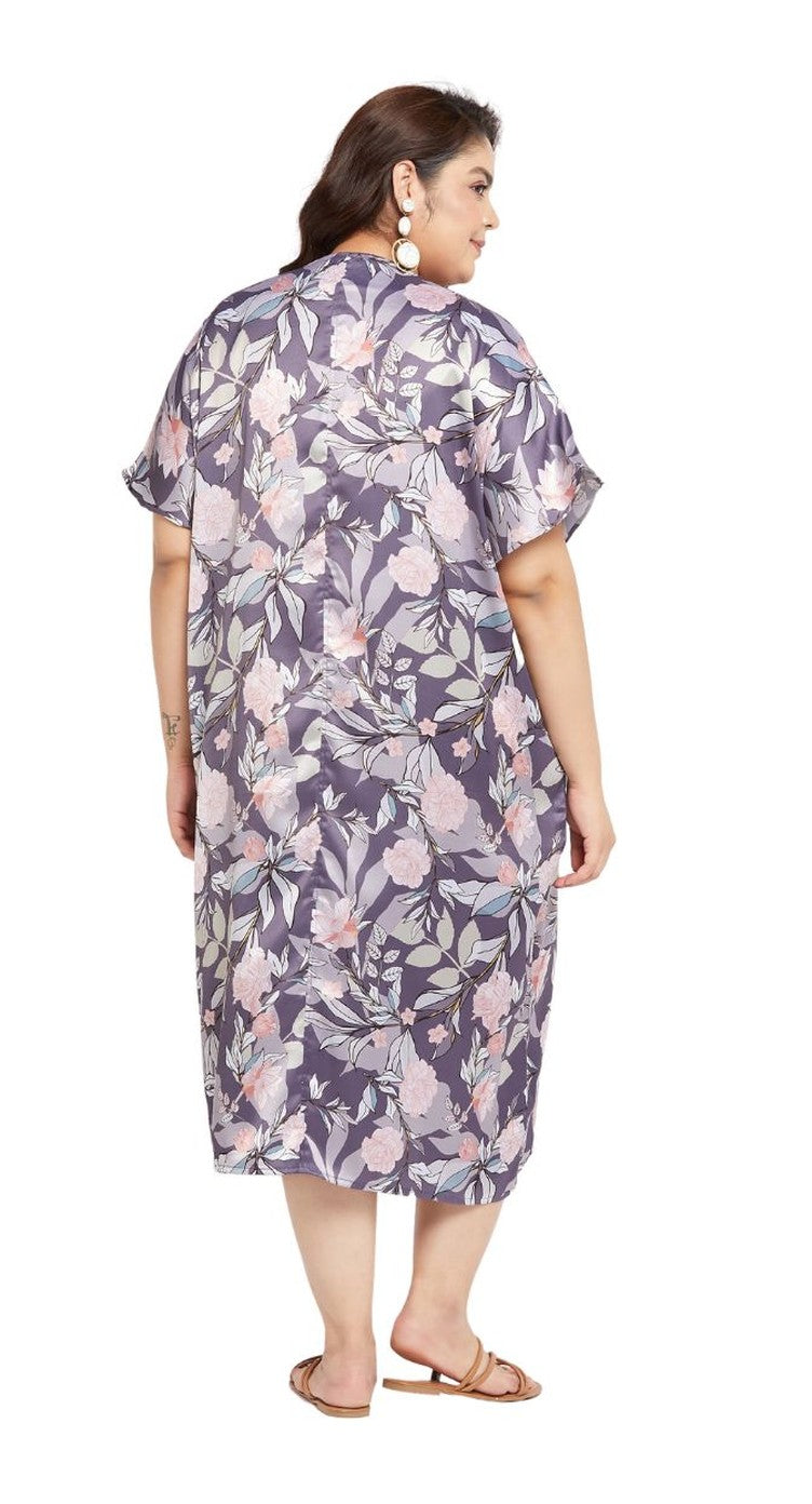 Light purple floral print satin plus size kaftan dress with collar and mid-calf hem — extra view