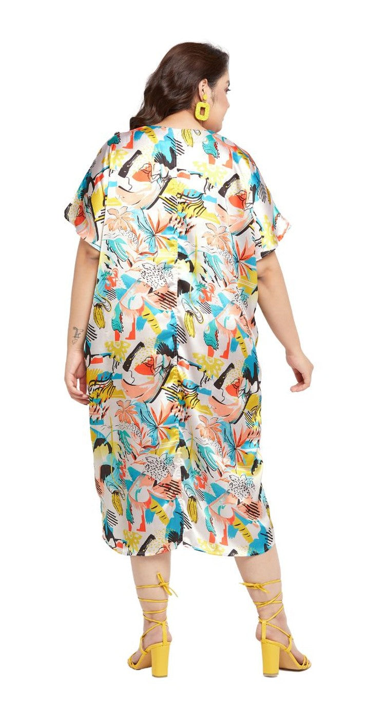 Multicolor floral print satin plus size kaftan dress with V-neck and mid-calf hem — extra view