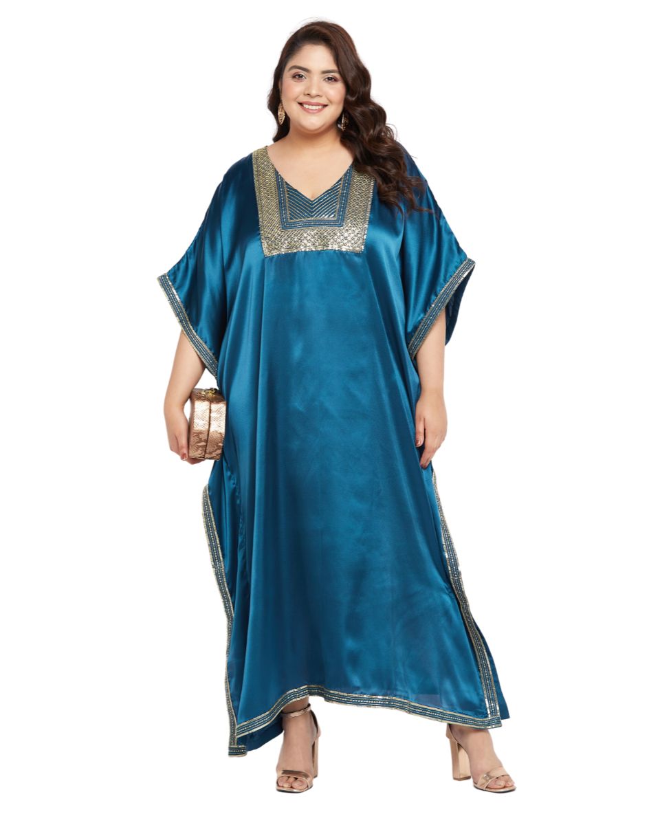 Embroidered Corsair Blue Satin Kaftan Dress for Women