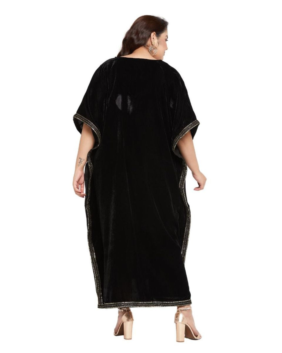 Black And Golden Embroidered Velvet Plus Size Kaftan For Women