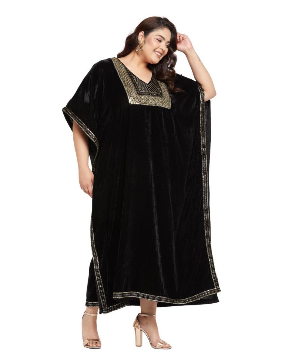 Black And Golden Embroidered Velvet Plus Size Kaftan For Women