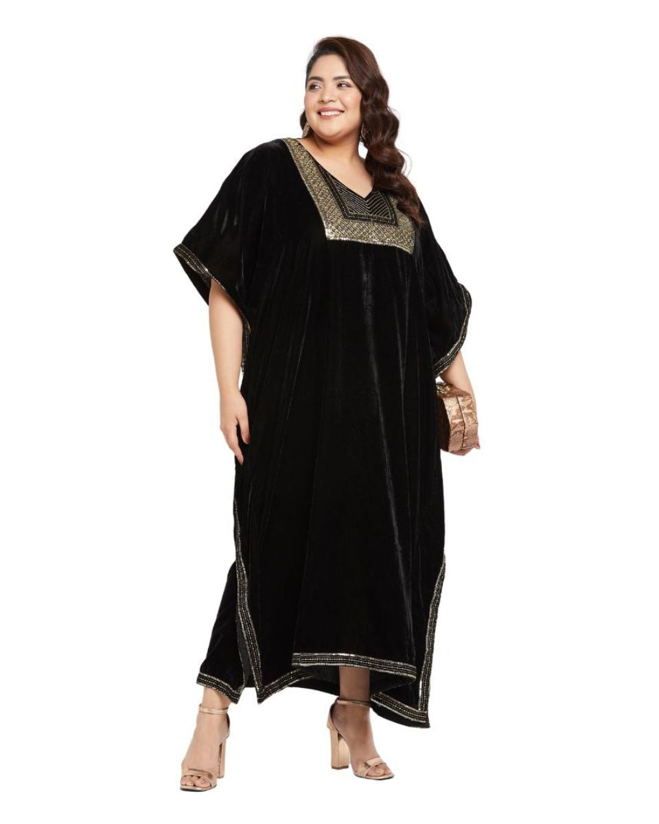 Black And Golden Embroidered Velvet Plus Size Kaftan For Women