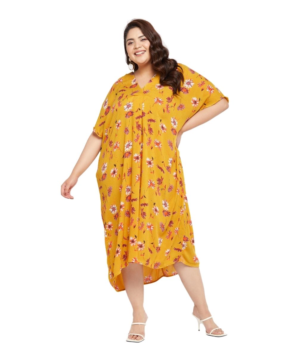 Yellow Satin Kaftan Dress with Floral Print