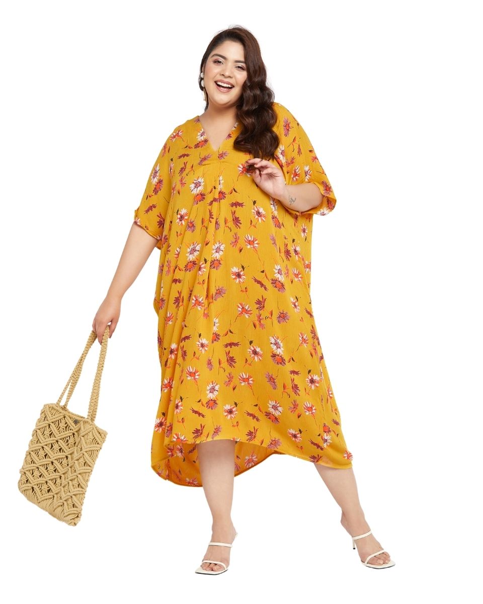 Floral Yellow Satin Kaftan Dress for Women