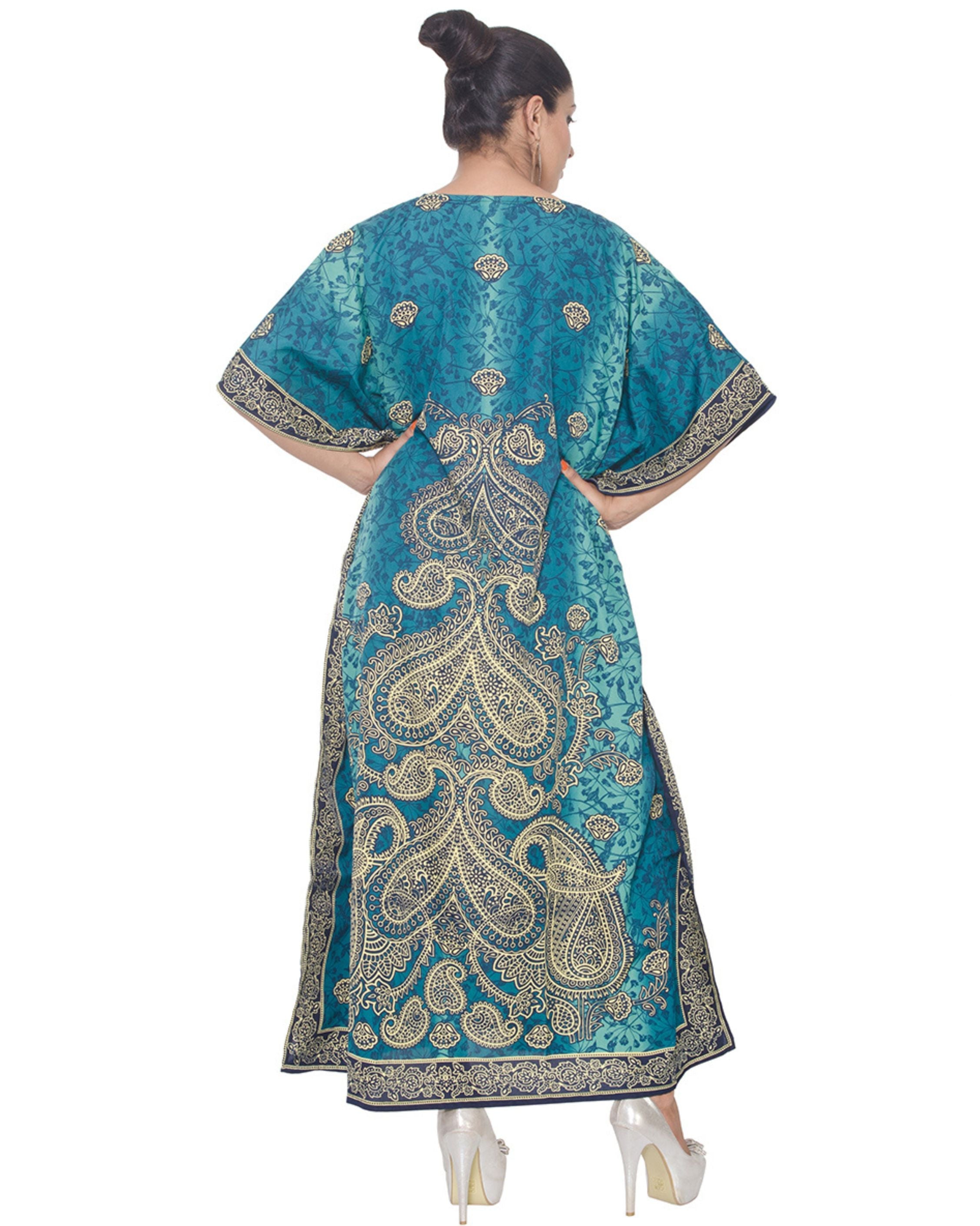 Paisley Printed Turquoise Polyester Kaftan Dress for Women