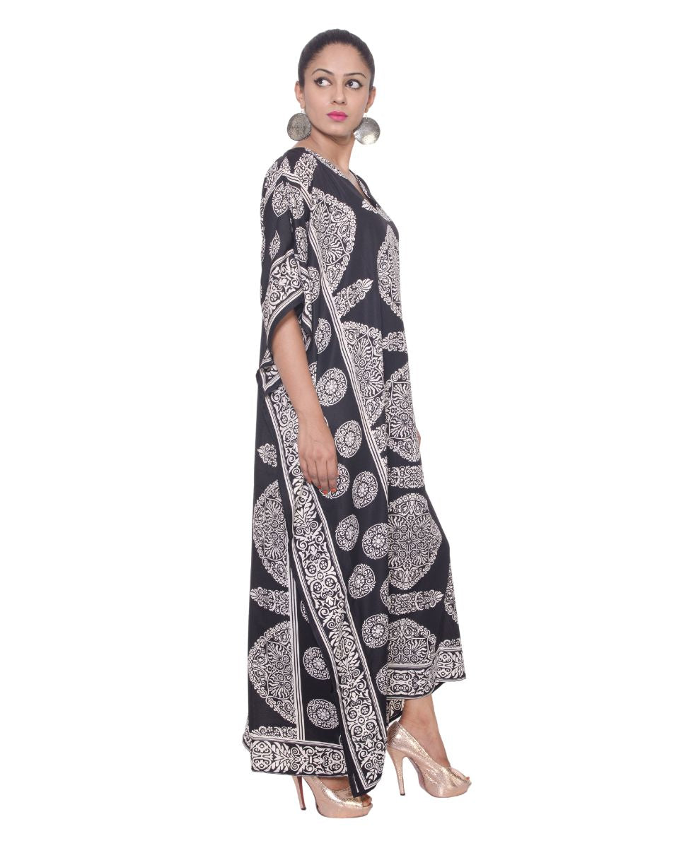 Floral Printed Black Polyester Kaftan Plus Size Dress For Women