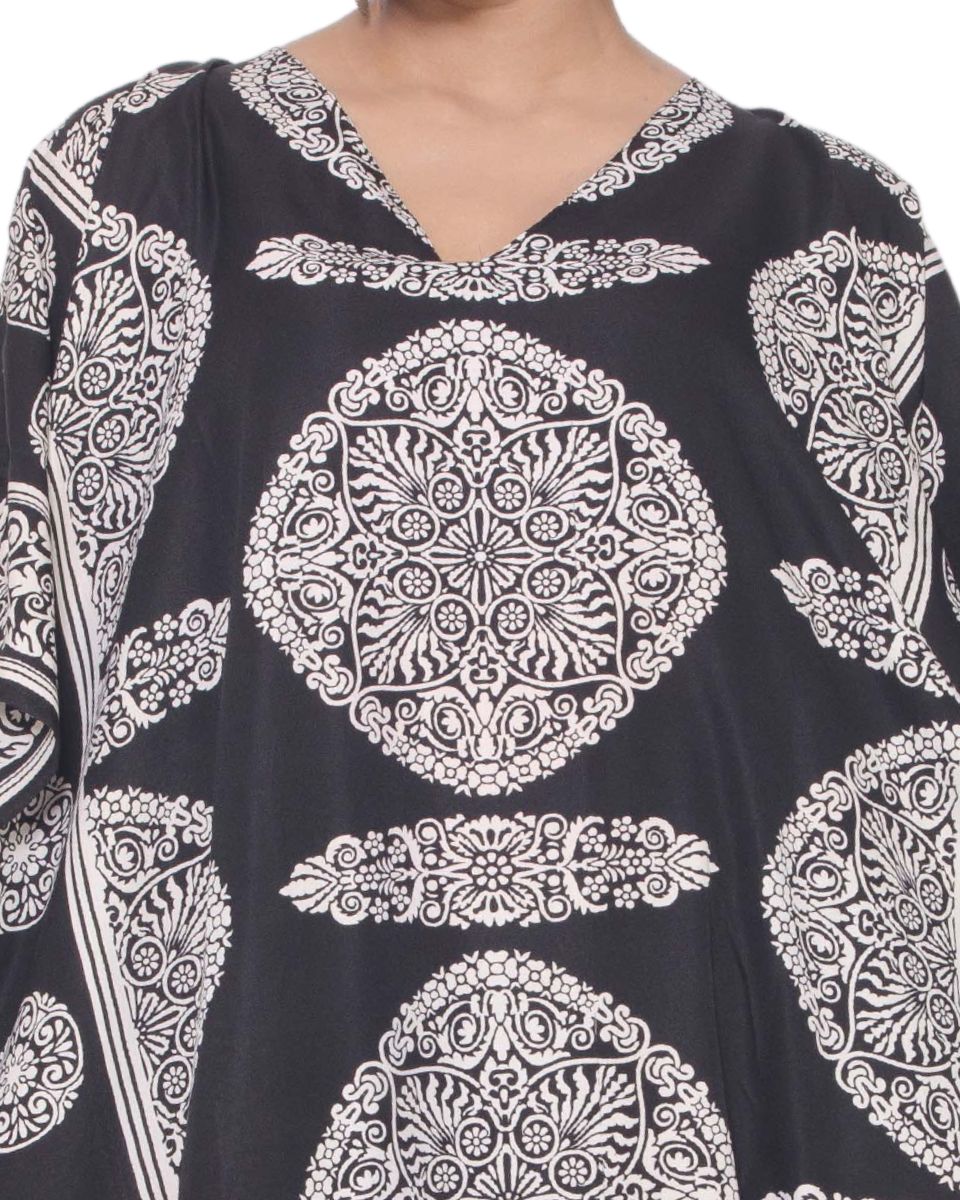 Floral Printed Black Polyester Kaftan Dress for Women