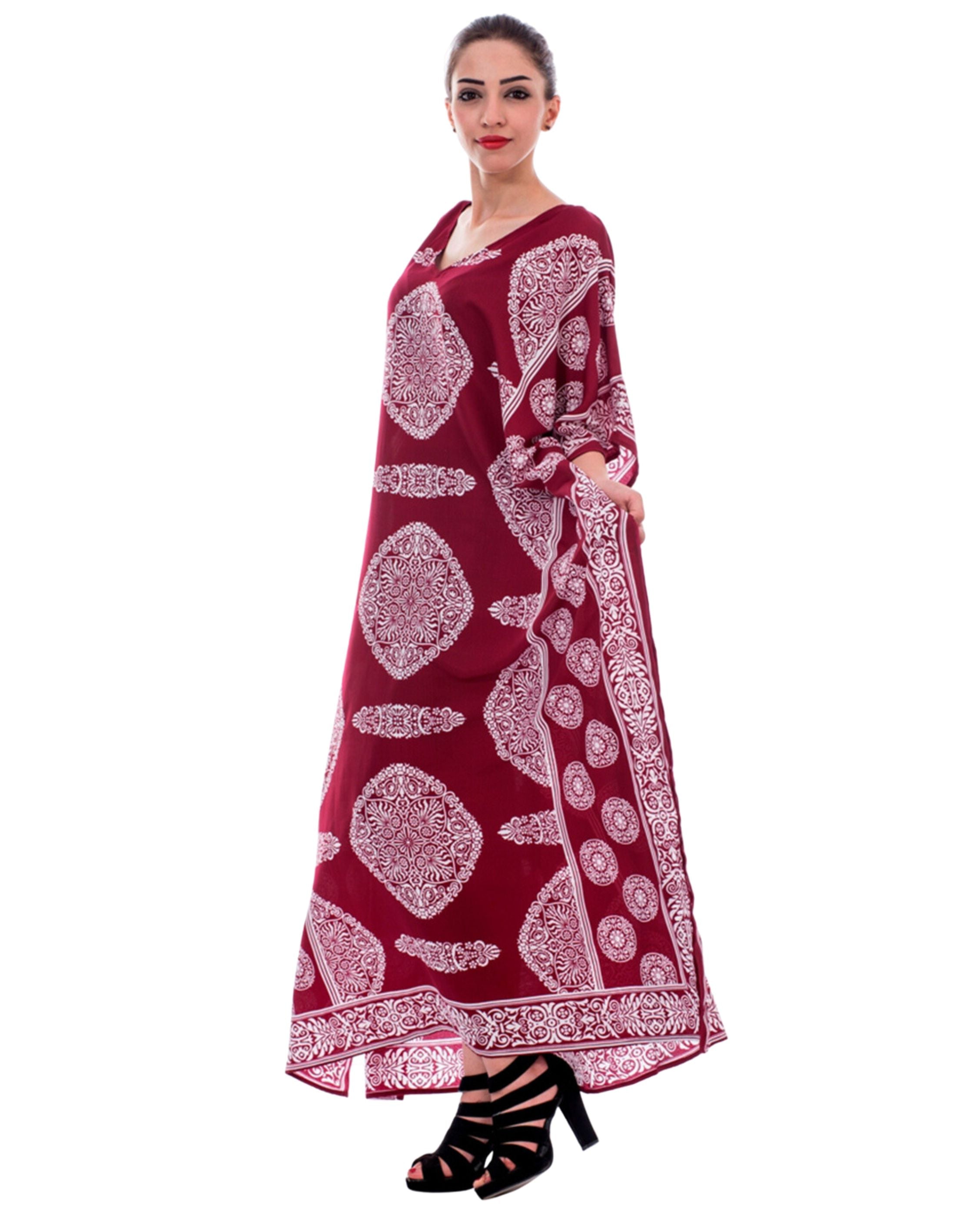 Floral Printed Wine Polyester Kaftan Plus Size Dress For Women