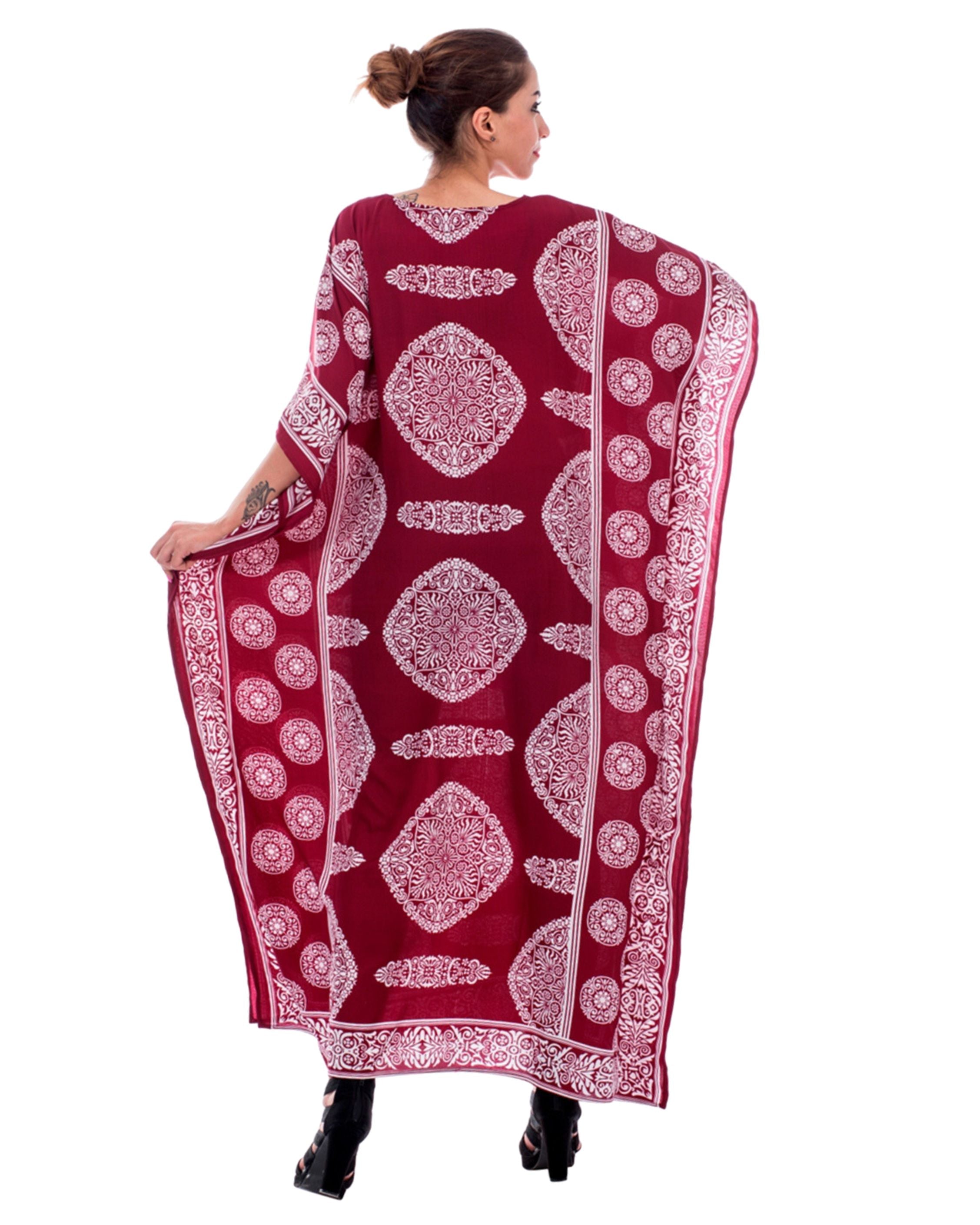 Floral Printed Wine Polyester Kaftan Dress for Women