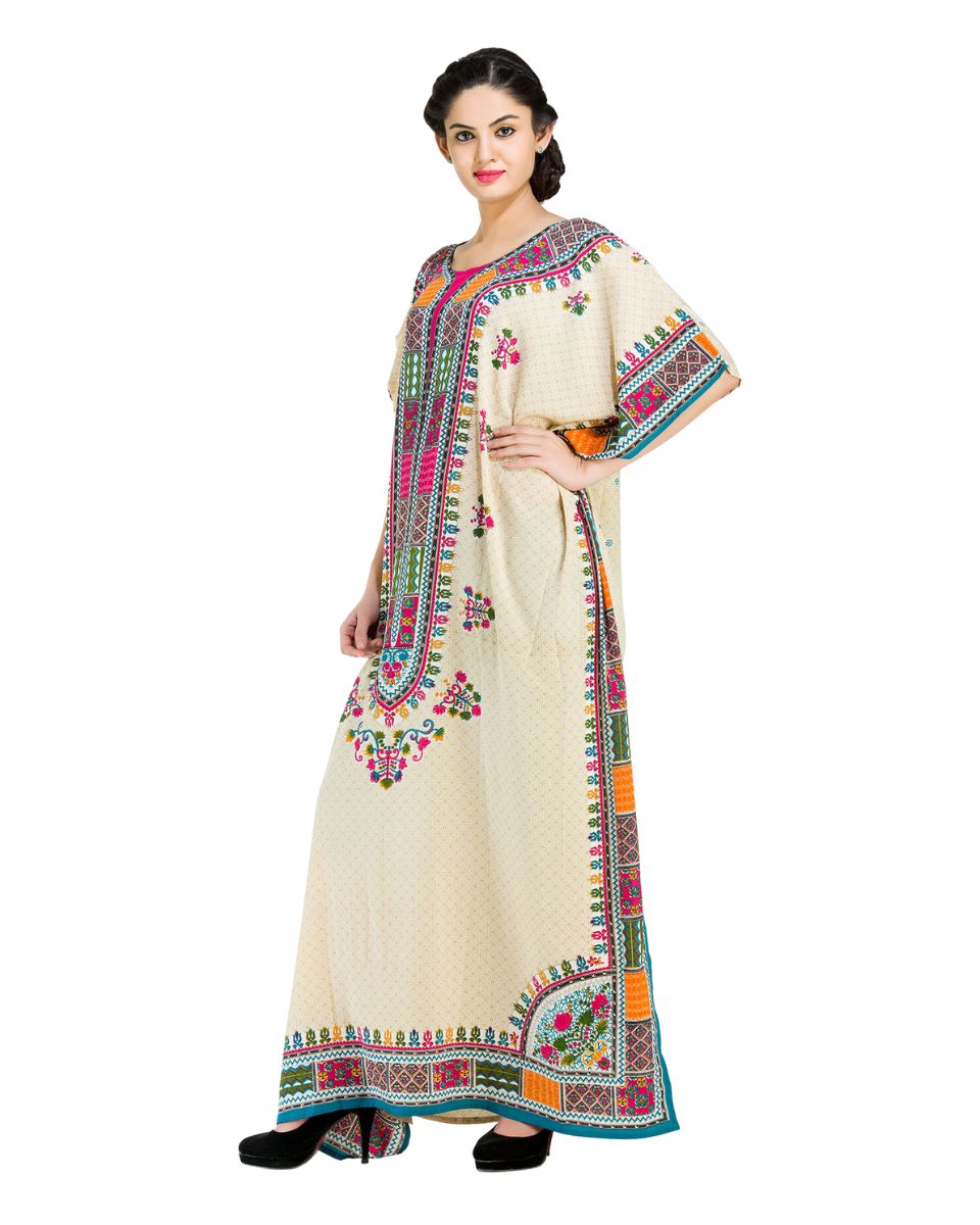 Dress For Women Tribal Printed Beige Polyester Plus Size Kaftan