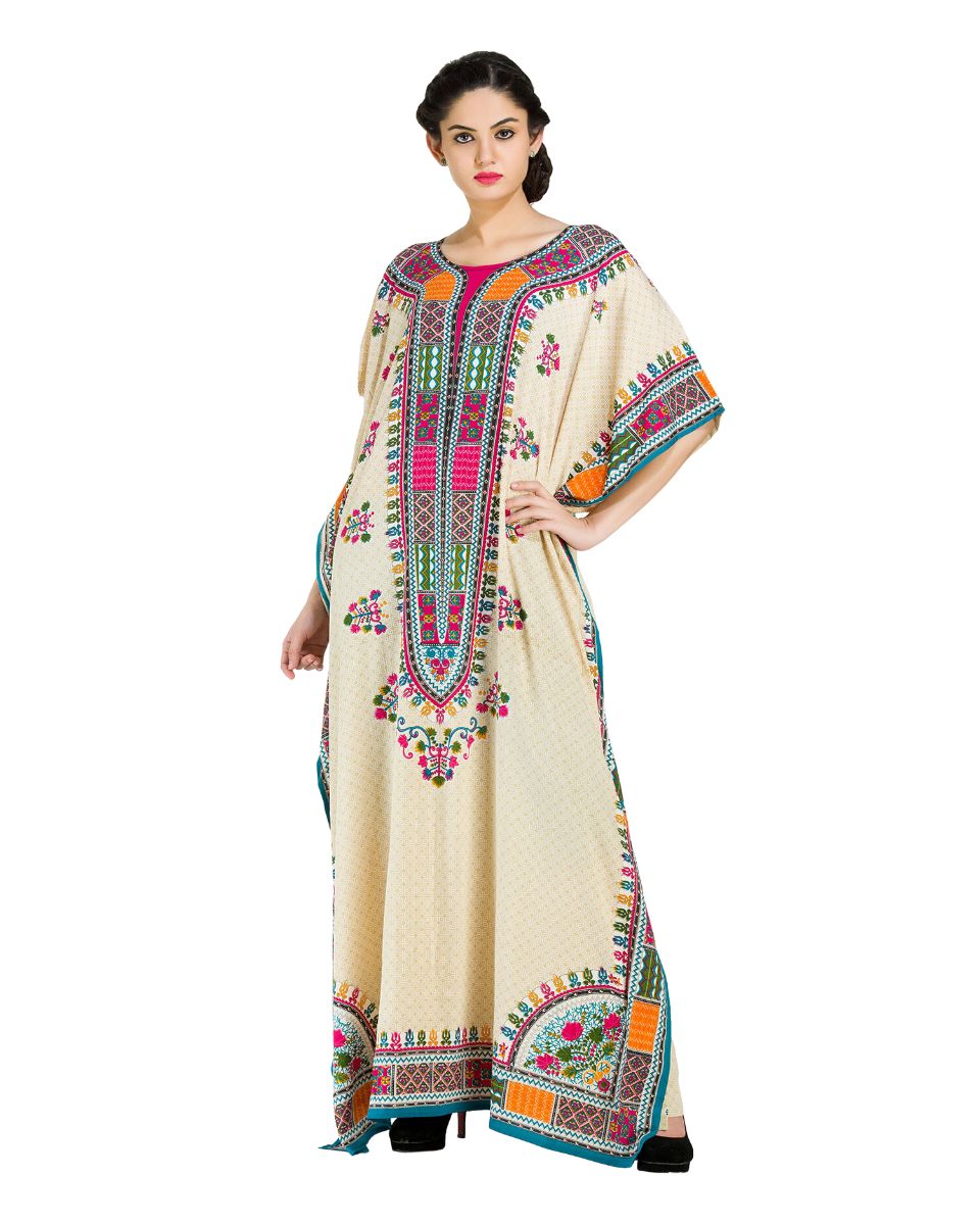 Dress For Women Tribal Printed Beige Polyester Plus Size Kaftan