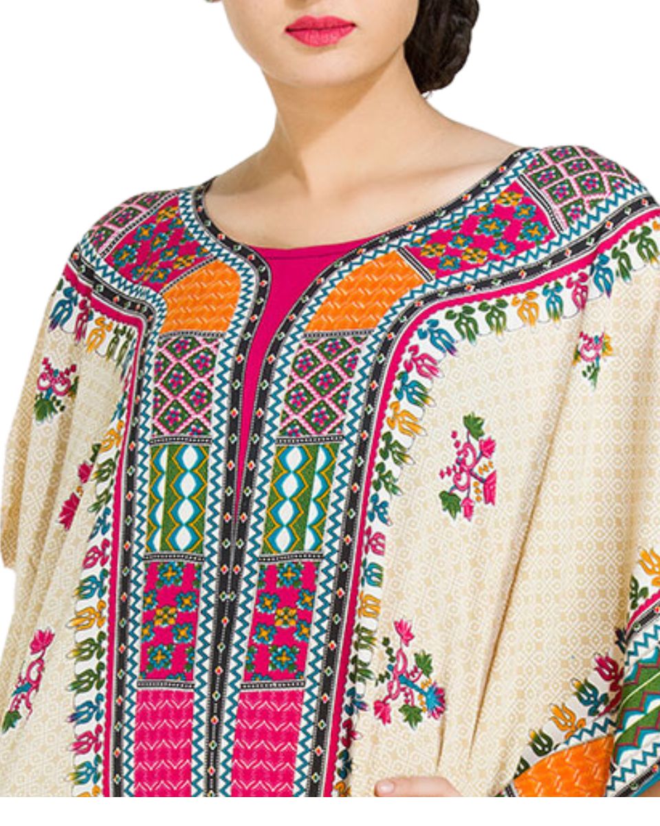 Tribal Printed Beige Polyester Kaftan Dress for Women