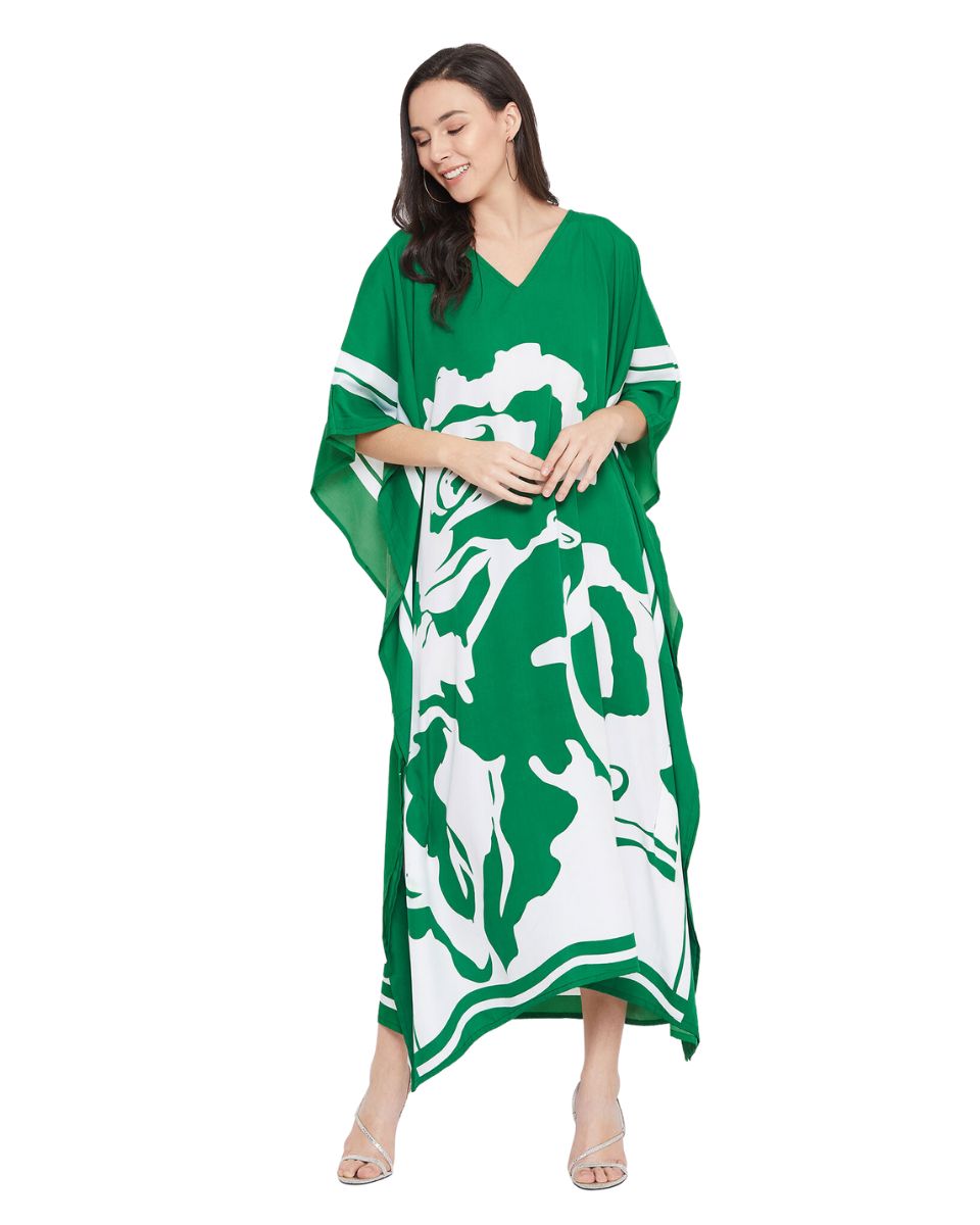 Floral Printed Green Polyester Kaftan Plus Size Dress For Women