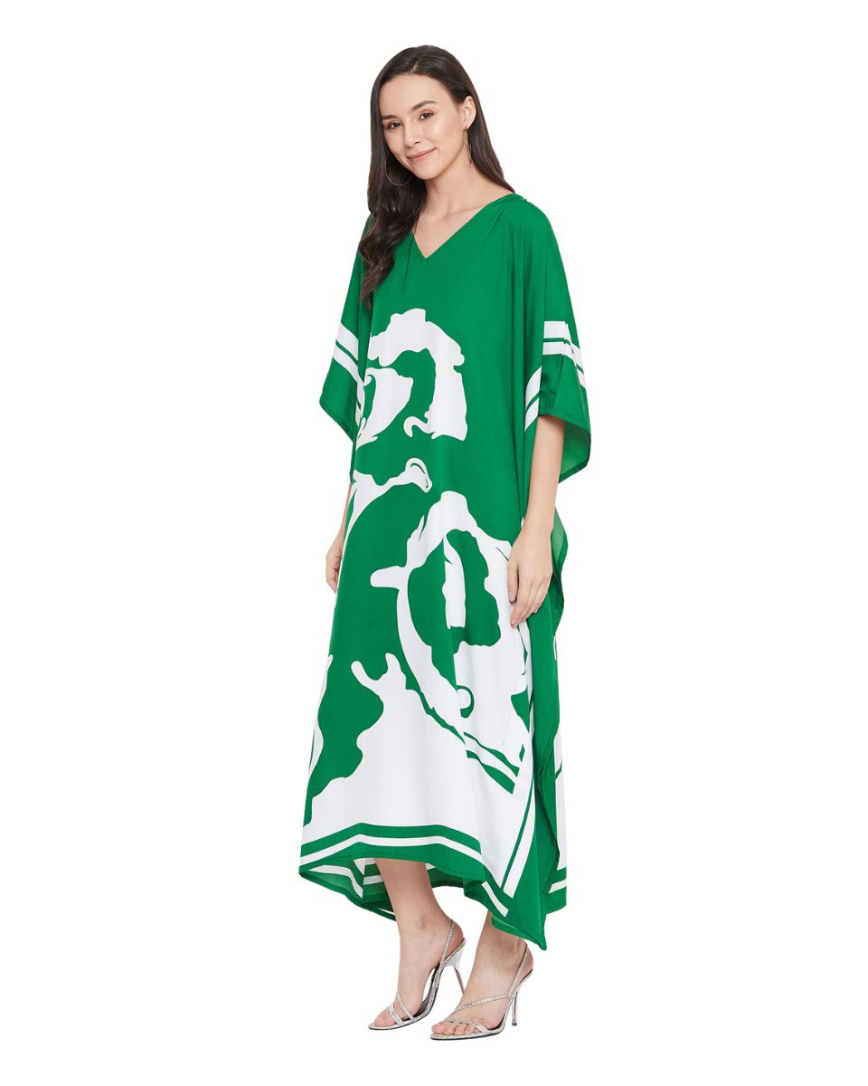 Floral Printed Green Polyester Kaftan Dress for Women