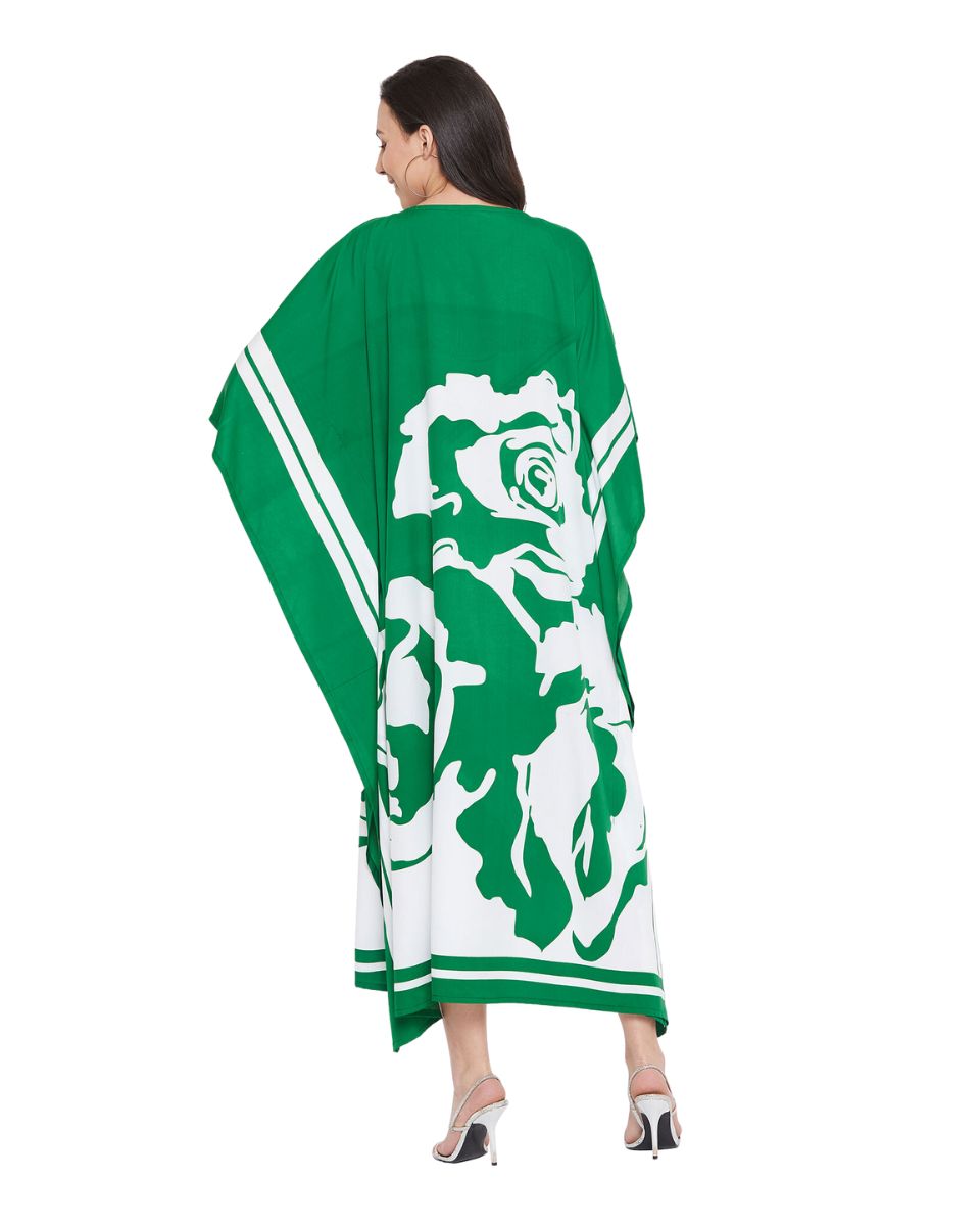 Floral Printed Green Polyester Kaftan Plus Size Dress For Women