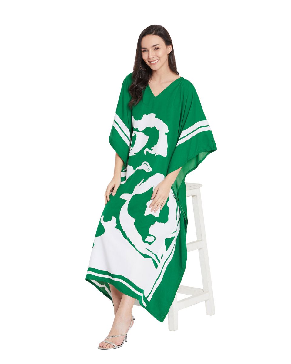 Floral Printed Green Polyester Kaftan Plus Size Dress For Women