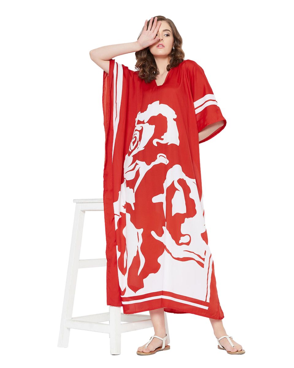 Floral Printed Red Polyester Plus Size Kaftan Dress For Women