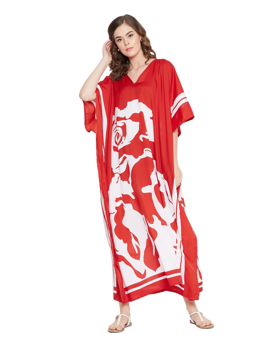 Floral Printed Red Polyester Plus Size Kaftan Dress For Women