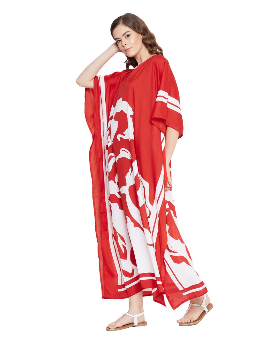 Floral Printed Red Polyester Plus Size Kaftan Dress For Women