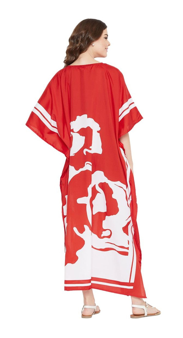 Red polyester plus size kaftan with bold white abstract horse print and banded kimono sleeves — extra view