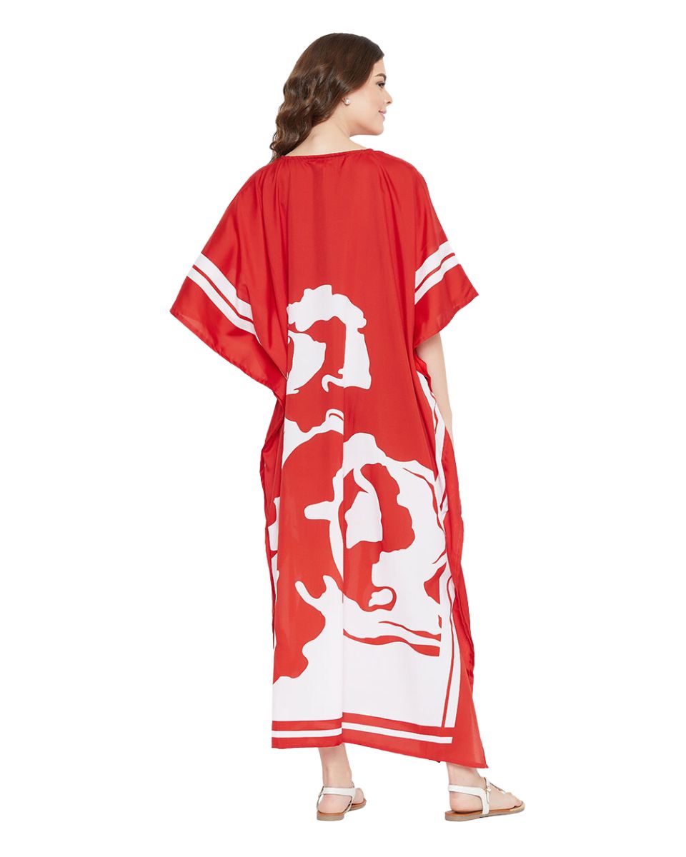 Floral Printed Red Polyester Plus Size Kaftan Dress For Women