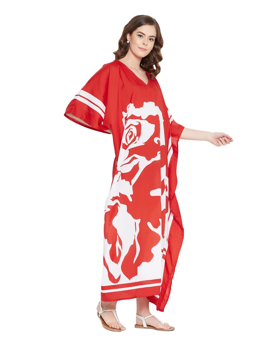 Floral Printed Red Polyester Plus Size Kaftan Dress For Women