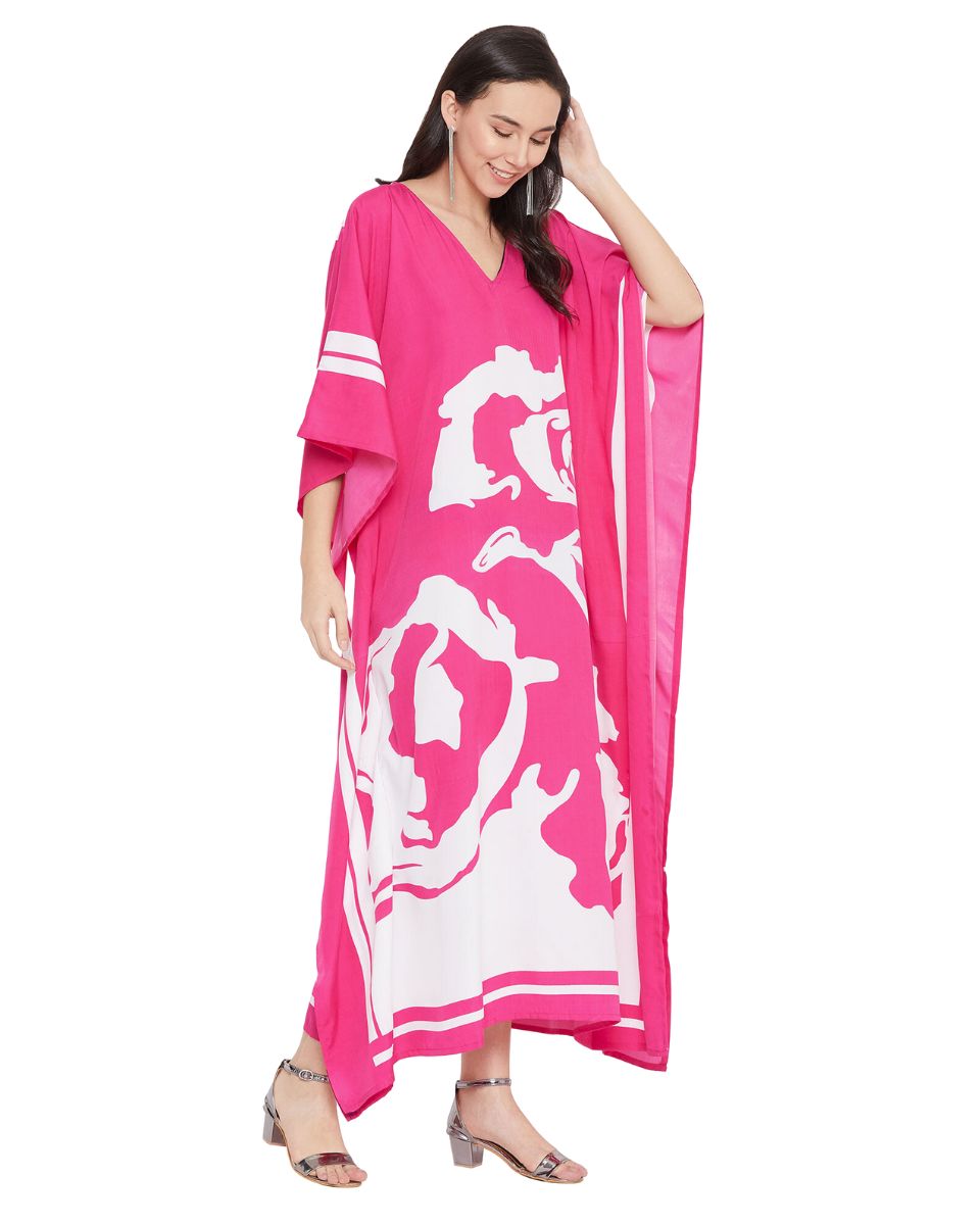 Floral Printed Pink Polyester Kaftan Dress For Plus Size Women