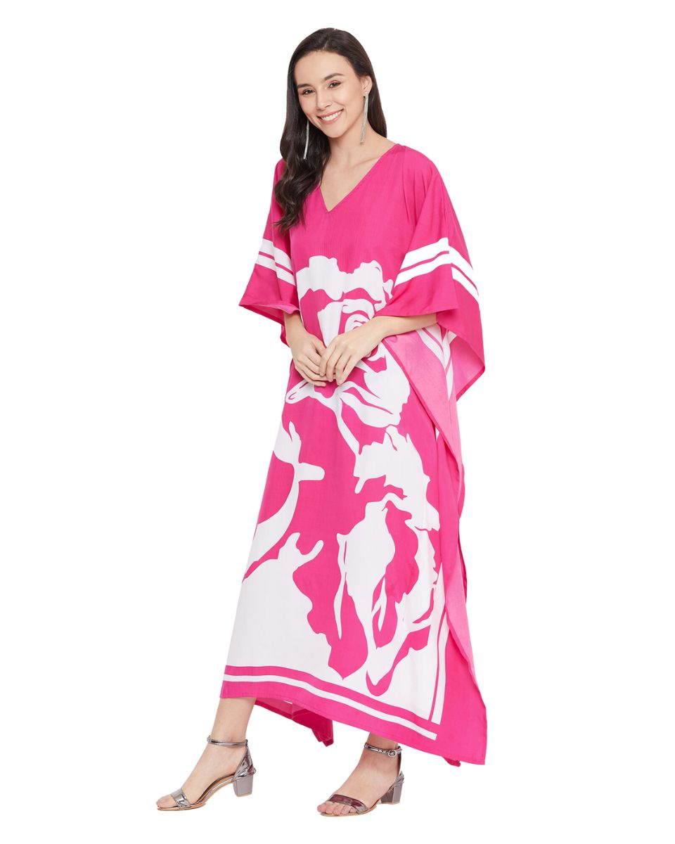 Floral Printed Pink Polyester Kaftan Dress For Plus Size Women