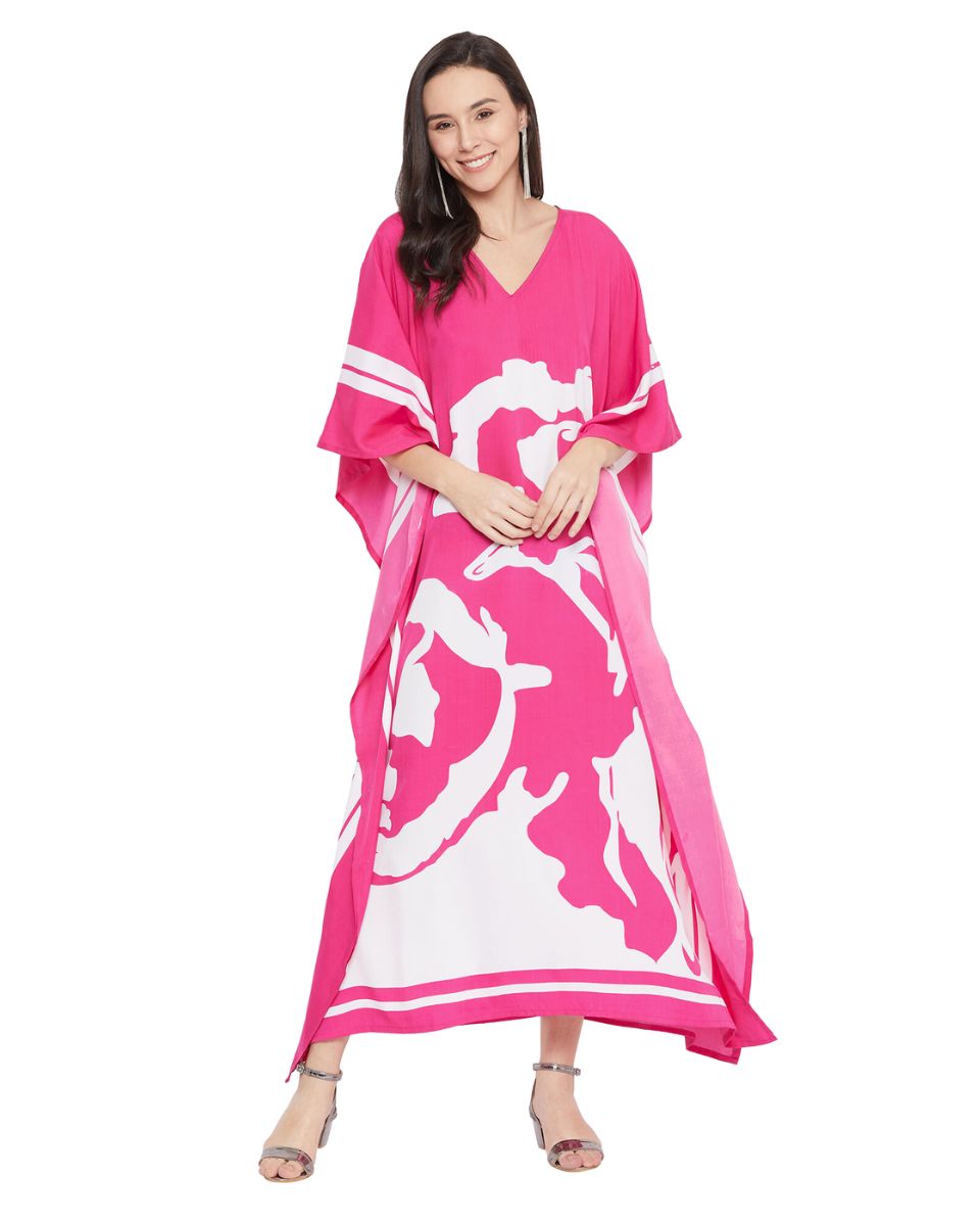 Floral Printed Pink Polyester Kaftan Dress For Plus Size Women