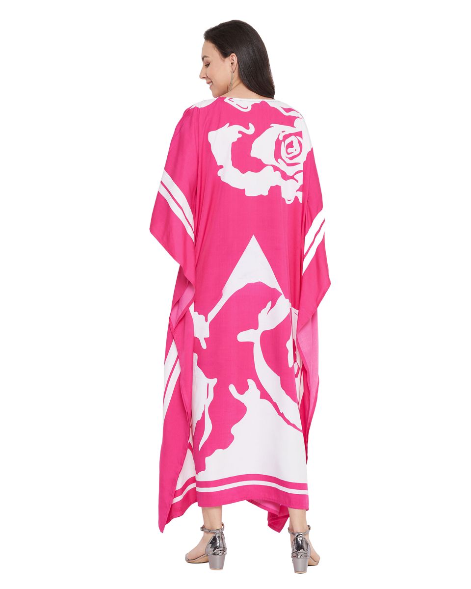 Floral Printed Pink Polyester Kaftan Dress For Plus Size Women