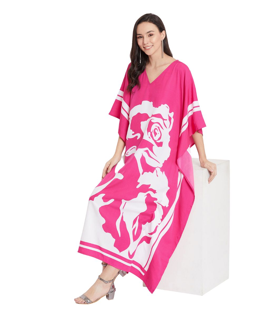 Floral Printed Pink Polyester Kaftan Dress For Plus Size Women