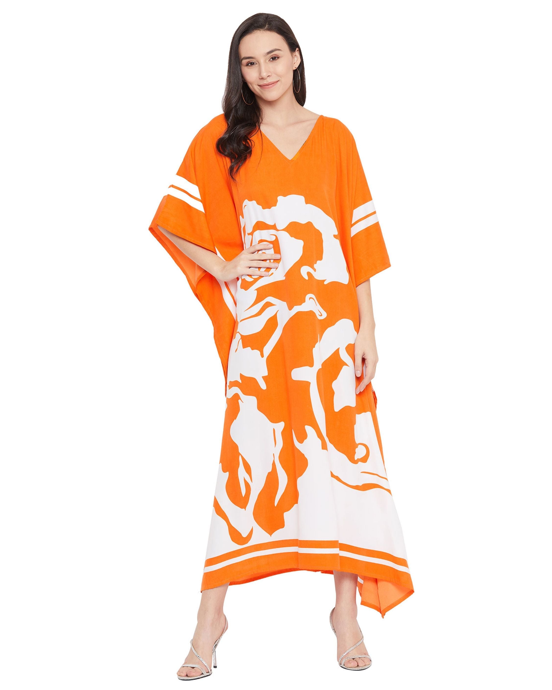 Floral Printed Orange Polyester Kaftan Dress for Women